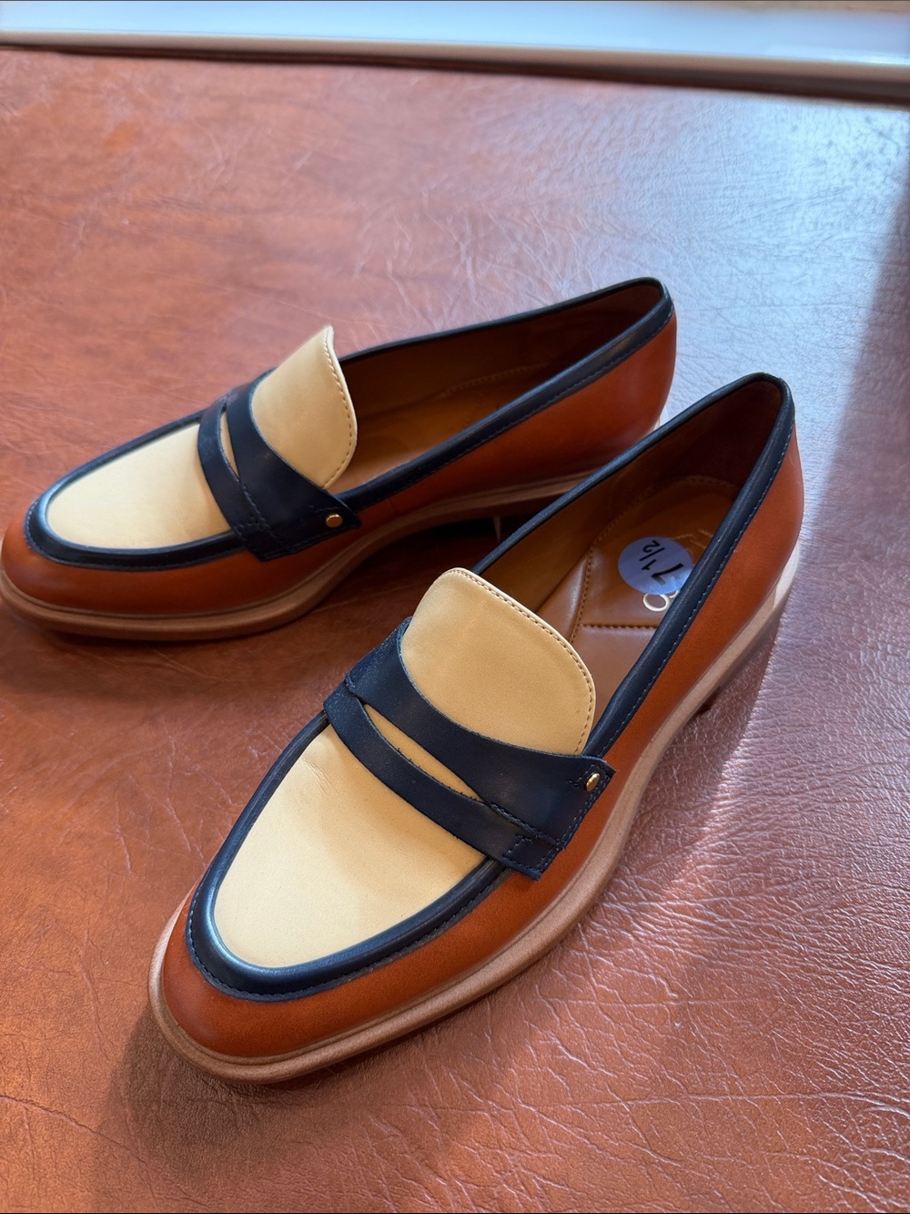 Franco Sarto Two-Tone Leather Penny Loafers in Brown, Cream & Navy